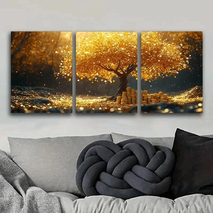 3pcs A Tree Made Of Golden Coins Metal Print Ready to Hang Art