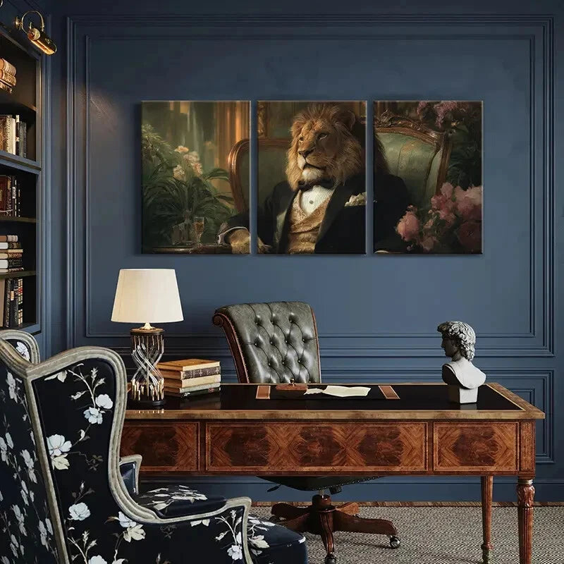 3pcs Elegant Lion in Tuxedo Fantasy Animal Metal Print Ready to Hang Art