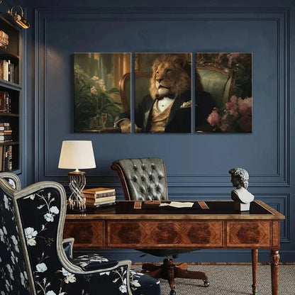 3pcs Elegant Lion in Tuxedo Fantasy Animal Metal Print Ready to Hang Art