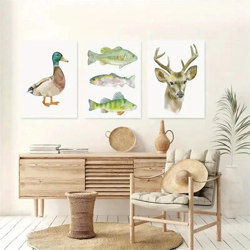 3pcs Watercolor Animal Prints Hunting & Fishing Metal Print Ready to Hang Art