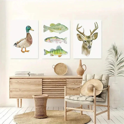 3pcs Watercolor Animal Prints Hunting & Fishing Metal Print Ready to Hang Art