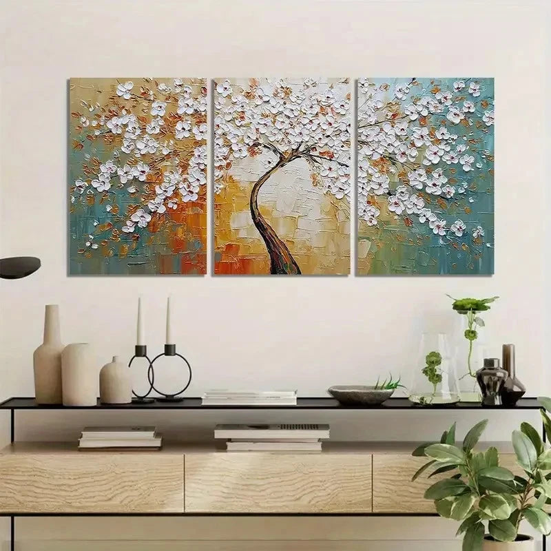 3pcs Featuring A Huge Tree With White Flowers Metal Print Ready to Hang Art