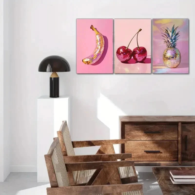 3pcs Cherry Pineapple Banana Disco Ball Fruit Wall Art Metal Print Ready to Hang