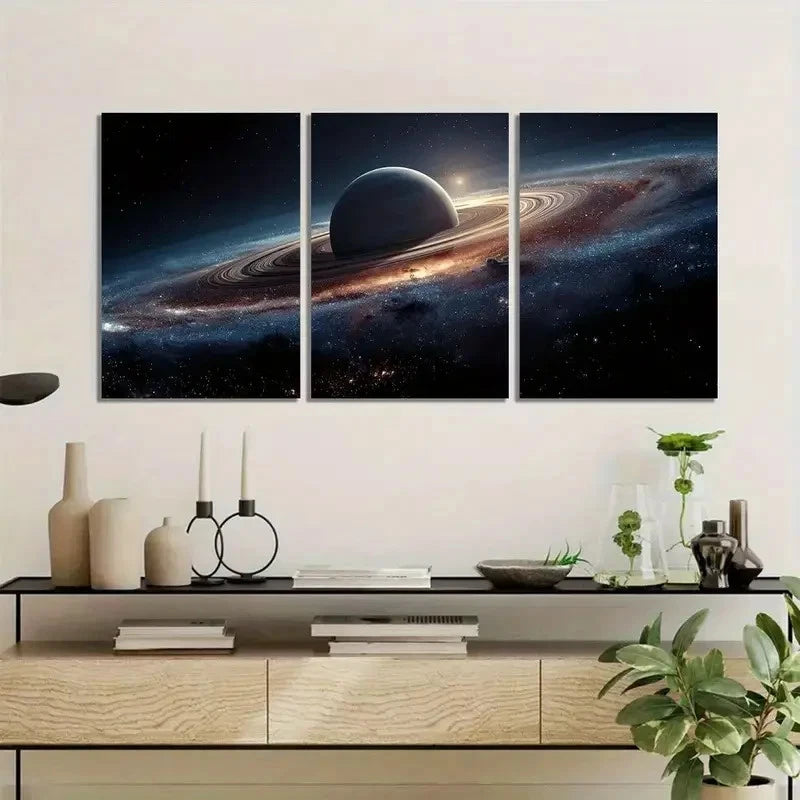 3pcs Space-Themed Wall Art with Planet & Rings Metal Print Ready to Hang Art