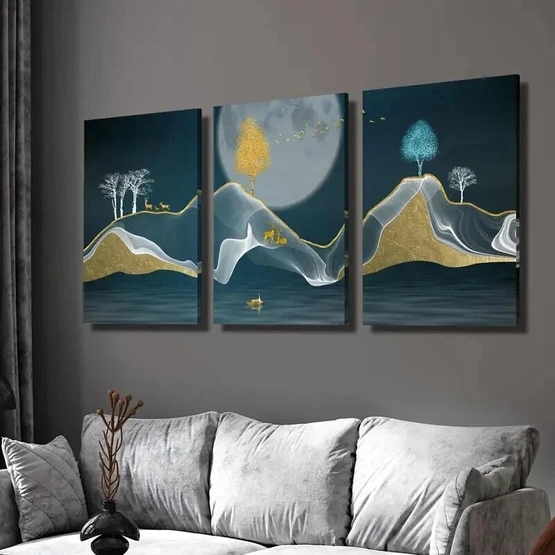 3pcs Night Sky Gold Deer Birds Elk And a Boat Wall Art Set Canvas Framed 40x60cm - High Quality Print 100% Australian Made Wall Canvas Ready to Hang