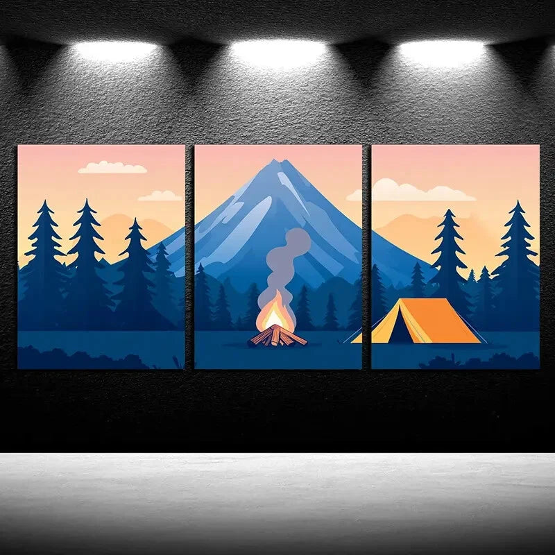 3pcs Nature Mountain, Campfire, and Tent Scenes Metal Print Ready to Hang Art