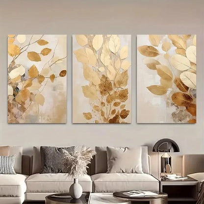 3pcs Luxury Beige and Golden Abstract Autumn Metal Print Ready to Hang Art