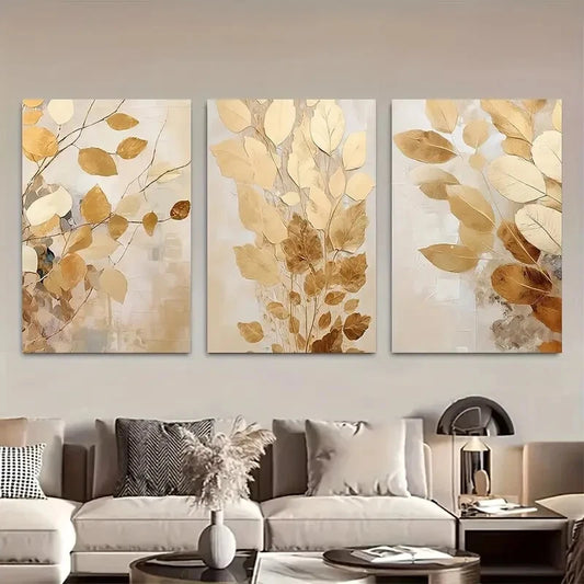 3pcs Luxury Beige and Golden Abstract Autumn Metal Print Ready to Hang Art