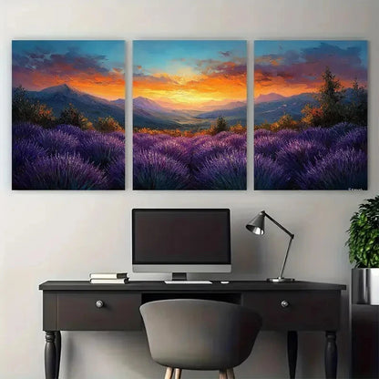 3pcs Provence Lavender Fields Mountain Sunset Metal Print Ready to Hang Art