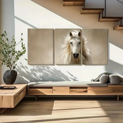 3pcs White Horse Art Elegant Mane Soft Lighting Metal Print Ready to Hang Art