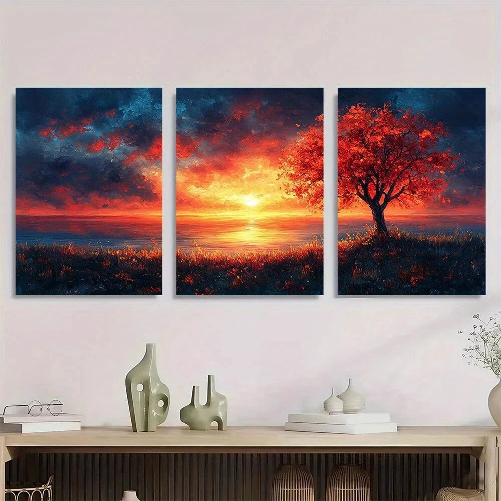 3pcs Whimsical Sunset Beach Scenery Trees Metal Print Ready to Hang Art