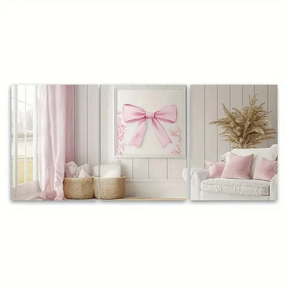 3pcs Featuring a Pink Bow Chinoiserie Design Metal Print Ready to Hang Art