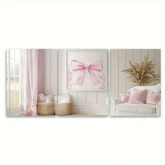 3pcs Featuring a Pink Bow Chinoiserie Design Metal Print Ready to Hang Art