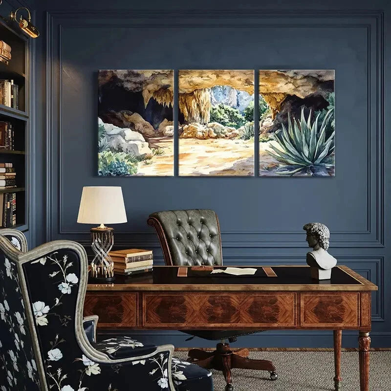 3pcs Cave Nature Landscape Watercolor Style Metal Print Ready to Hang Art
