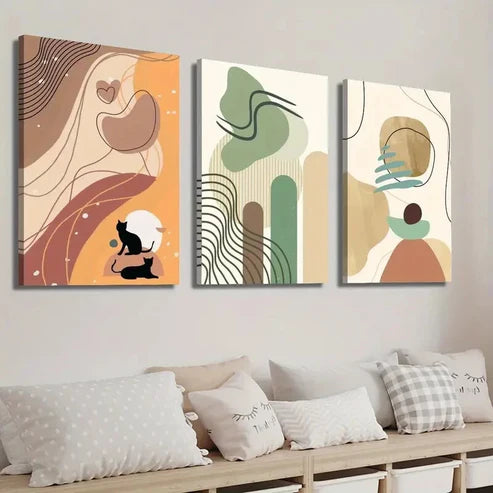 3pcs Geometric Abstract Shapes and Animal Cat Wall Art Set Canvas Unframed - High Quality Print 100% Australian Made Wall Canvas