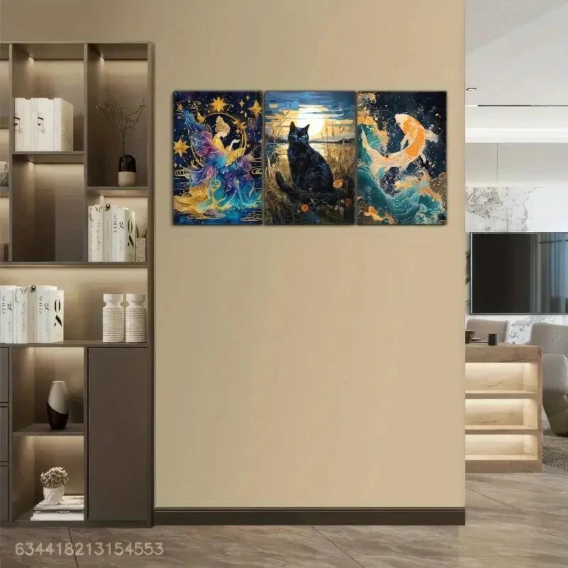 3pcs Sea Waves and Fish Cat Decoration Poster Metal Print Ready to Hang Art