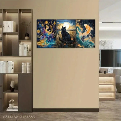 3pcs Sea Waves and Fish Cat Decoration Poster Metal Print Ready to Hang Art