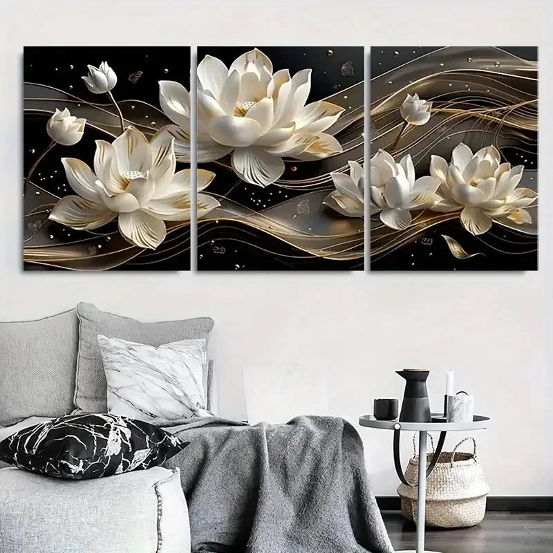 3pcs Elegant White Flower Golden Accents Metal Print Ready to Hang Art