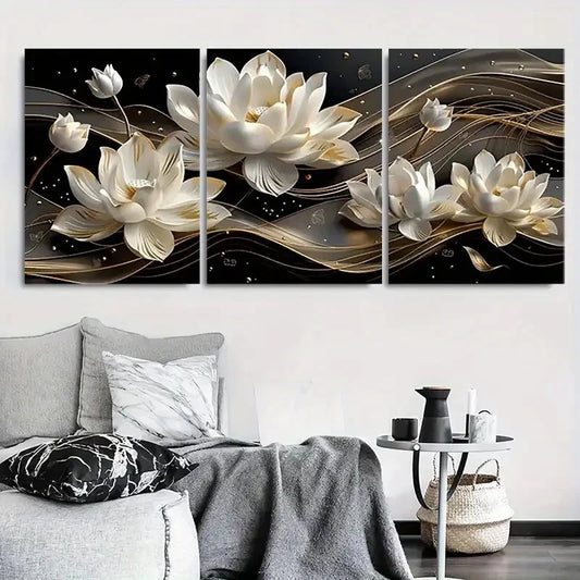3pcs Elegant White Flower Golden Accents Metal Print Ready to Hang Art