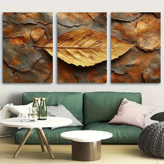 3pcs Golden Dried Tree Leaf Close Up Design Metal Print Ready to Hang Art