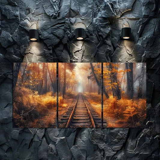 3pcs Autumn Forest Old Broken Railroad Track Metal Print Ready to Hang Art