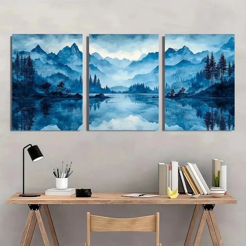 3pcs Abstract Blue & White Mountain Forest Metal Print Ready to Hang Art
