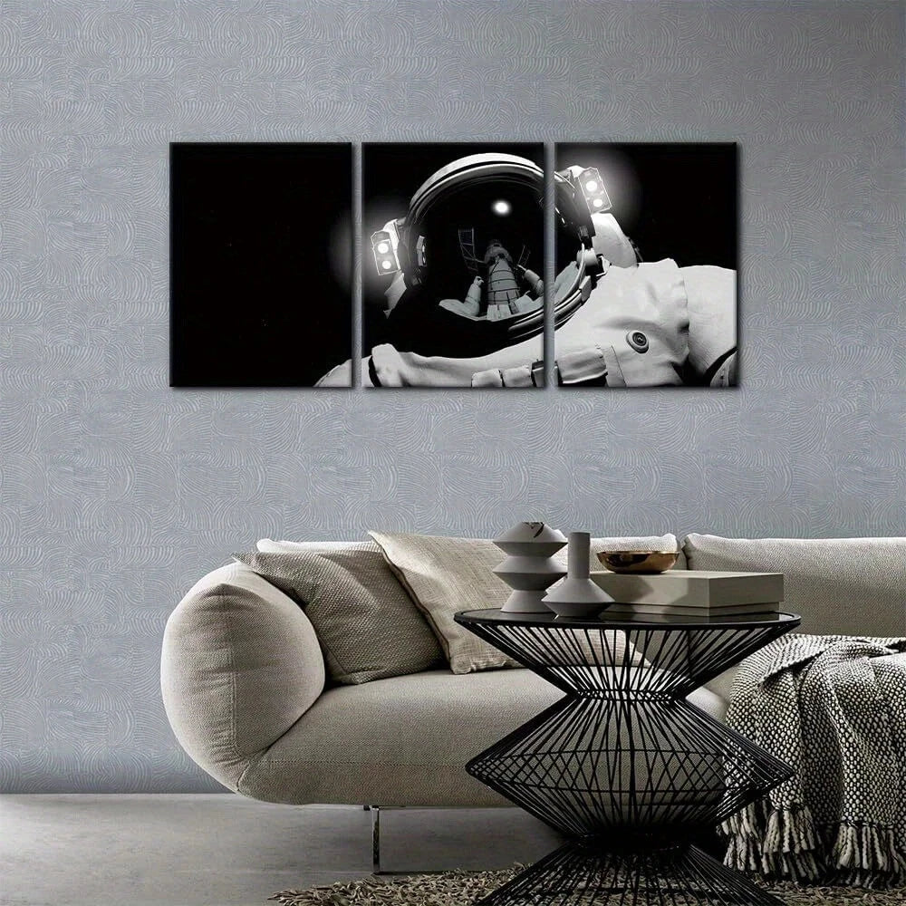 3pcs Black& White Astronaut Helmet Lights Space Metal Print Ready to Hang Art