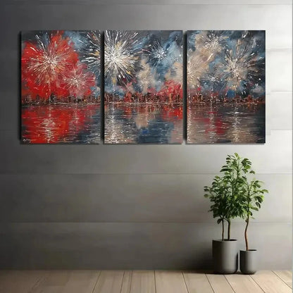 3pcs Fireworks Over The City Reflecting Shimmering Metal Print Ready to Hang Art