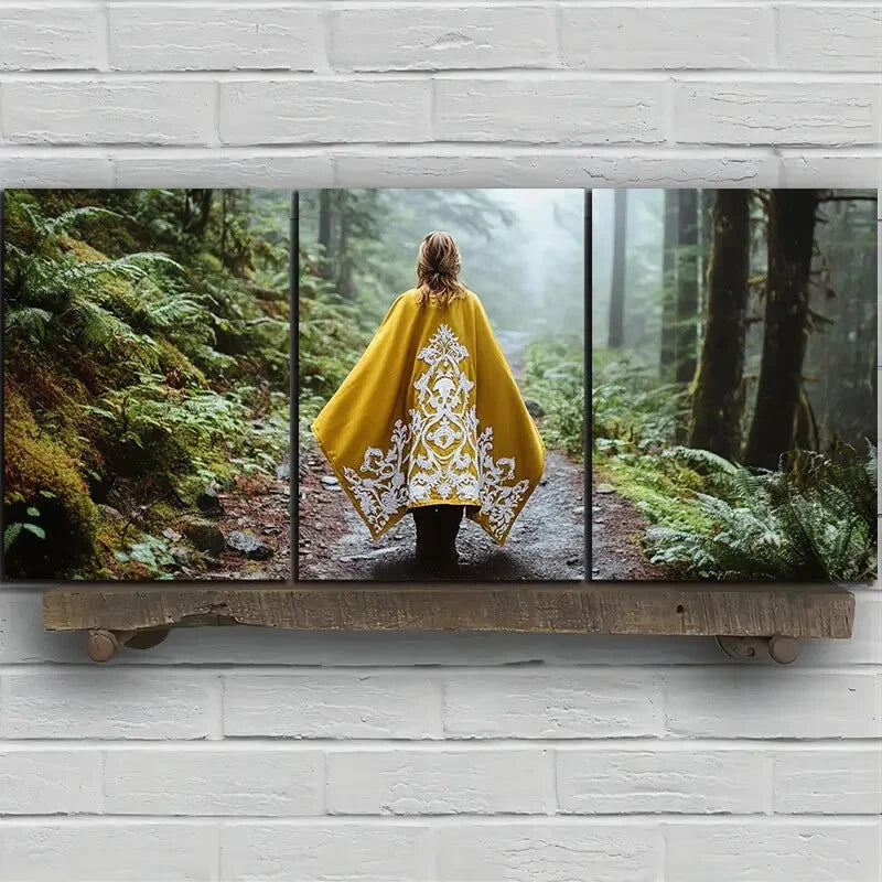 3pcs The Yellow Clothed Woman In The Forest Metal Print Ready to Hang Art