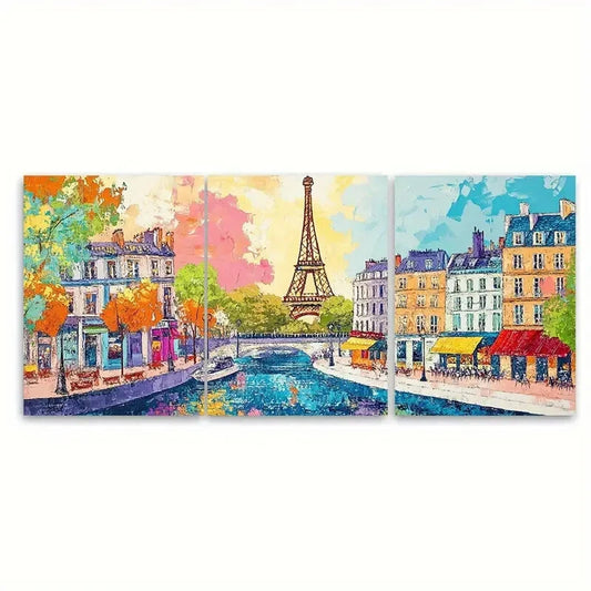 3pcs Vibrant Parisian Canal Travel Scene Metal Print Ready to Hang Art