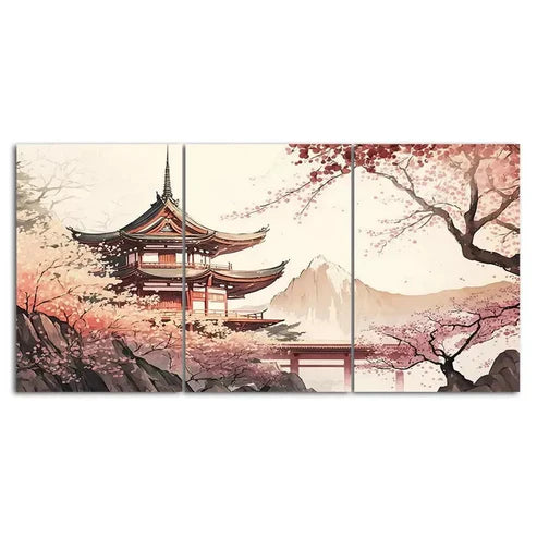 3pcs Chinese Temple Scenery Painting Style Canvas Framed 60x90cm  - High Quality Print 100% Australian Made Wall Canvas Ready to Hang