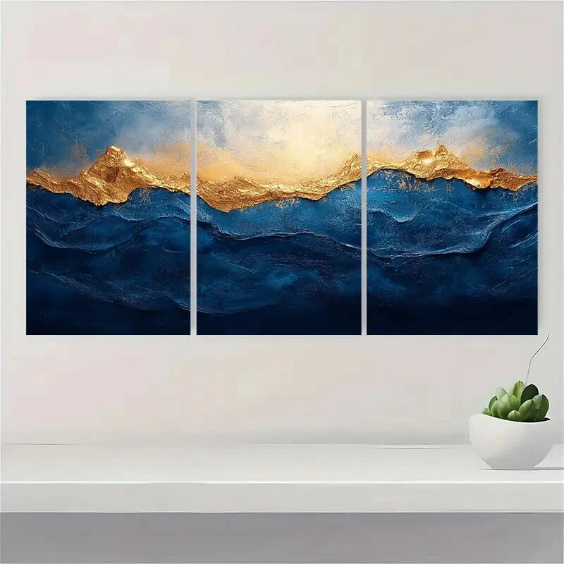 3pcs Blue and White Abstract Painting Golden Metal Print Ready to Hang Art