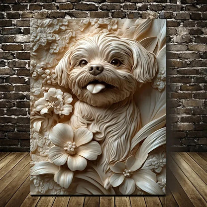 Cheerful Shih Tzu Surrounded by Flowers Painting 40x60cm Metal Print Ready to Hang