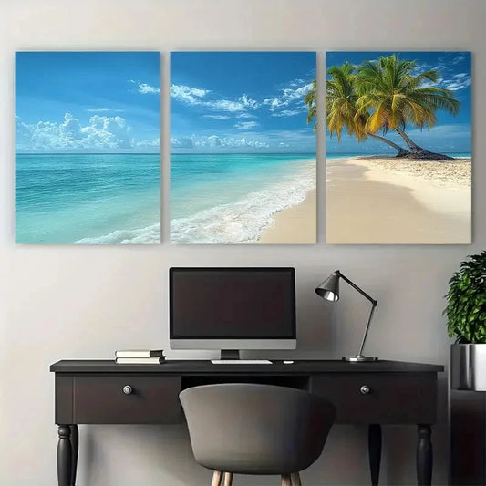 3pcs Exotic Tropical Beach Paradise Palm Tree Wall Art Set Canvas Framed 60x90cm - High Quality Print 100% Australian Made Wall Canvas Ready to Hang