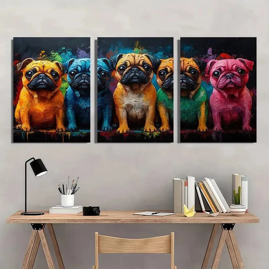 3pcs Colorful Pug Dog Faces Painting Wall Art Set Canvas Framed 50x70cm - High Quality Print 100% Australian Made Wall Canvas Ready to Hang