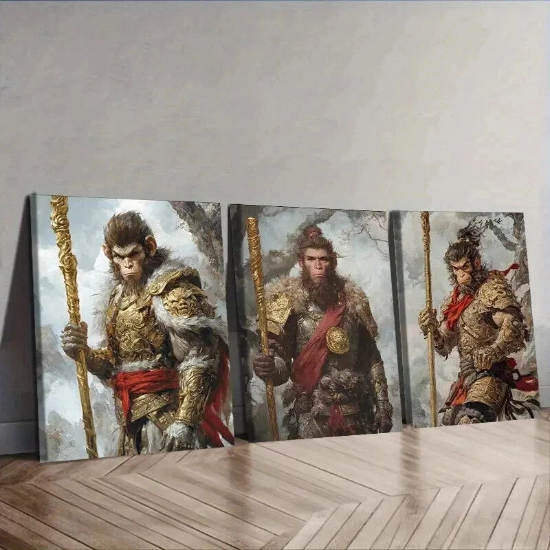 3pcs The Monkey King Mythology Theme Wall Art Set Canvas Framed 50x70cm - High Quality Print 100% Australian Made Wall Canvas Ready to Hang