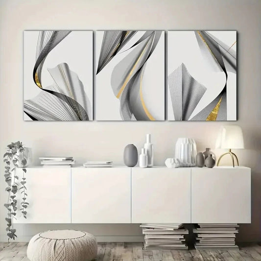 3pcs  Black and Golden Lines, Minimalist Metal Print Ready to Hang Art