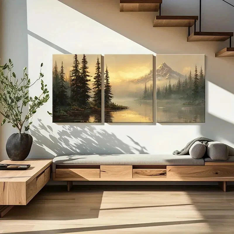 3pcs Mountain Landscape Pine Trees Snowy Peaks Metal Print Ready to Hang Art