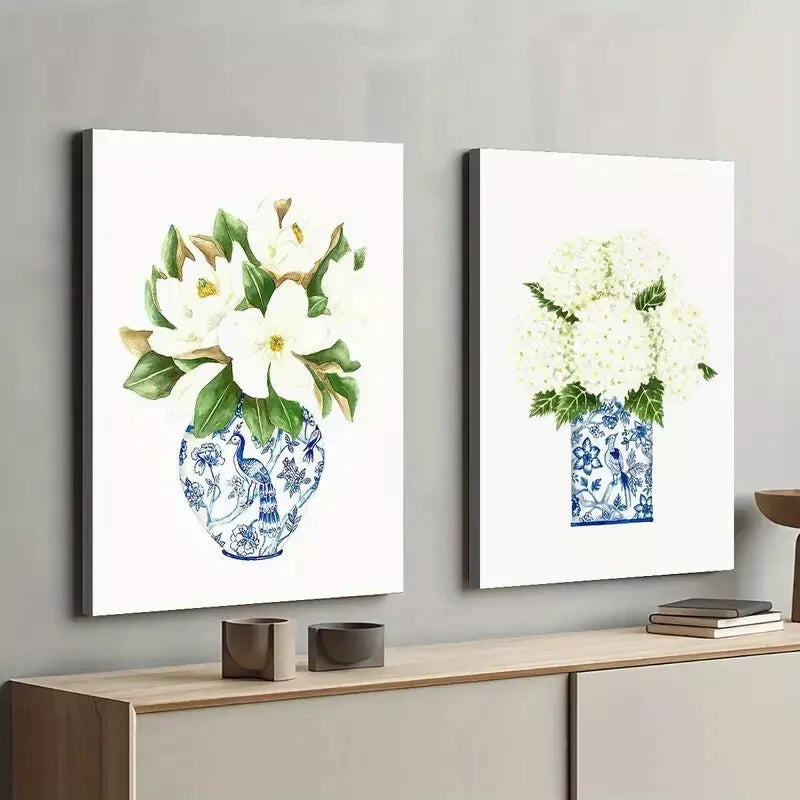 2pcs Set, Floral and Blue and White Porcelain Vase Framed 50x75cm - High Quality Print 100% Australian Made Wall Canvas Ready to Hang