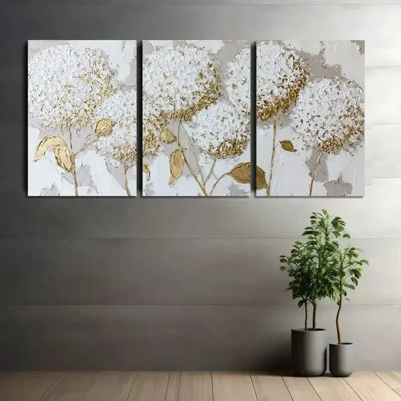 3pcs White Hydrangeas with Golden Accents Metal Print Ready to Hang Art