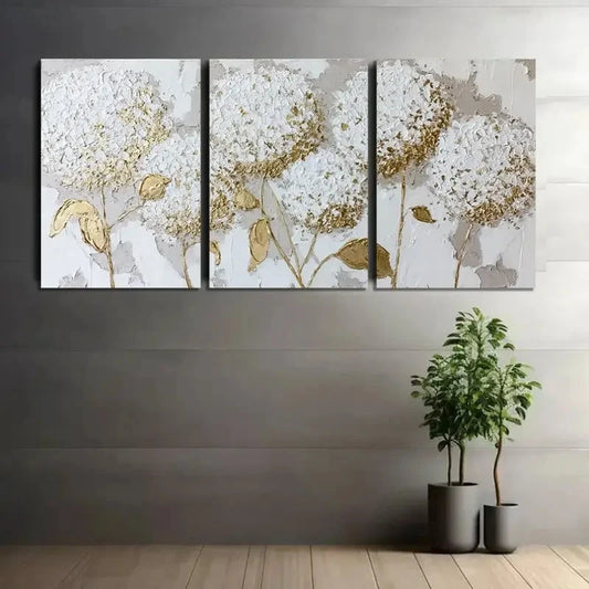 3pcs White Hydrangeas with Golden Accents Metal Print Ready to Hang Art
