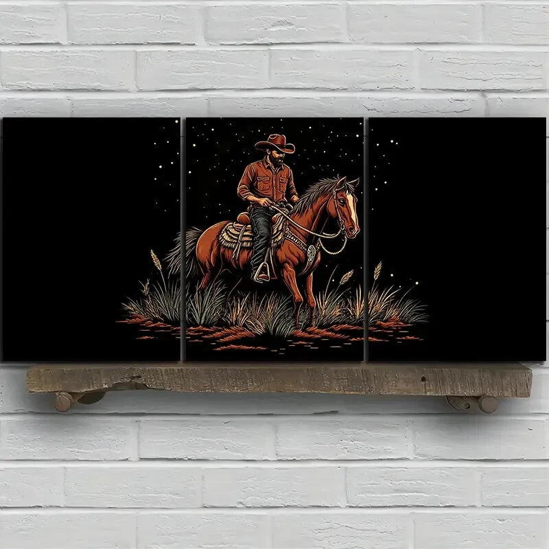 3pcs Man Riding a Horse Animal Themed Metal Print Ready to Hang Art