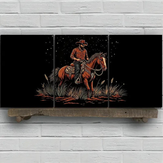 3pcs Man Riding a Horse Animal Themed Metal Print Ready to Hang Art