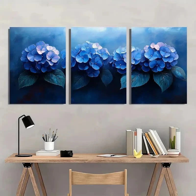 3pcs Blue Hydrangea Painting Print Garden Metal Print Ready to Hang Art