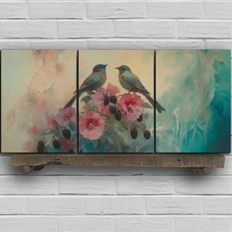 3pcs Birds Themed on Blackberry Flowers Metal Print Ready to Hang Art