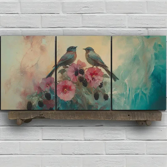 3pcs Birds Themed on Blackberry Flowers Metal Print Ready to Hang Art