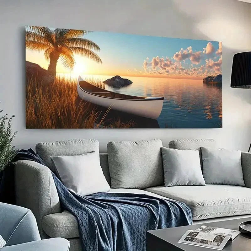 Cloudy Sunset Canoe Lake wall canvas office home room framed 120x60cm - Bella Home Decor