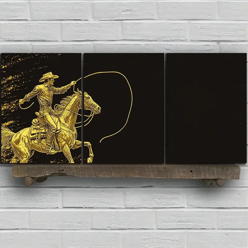 3pcs Black & Gold Man Riding a Horse Metal Print Ready to Hang Art