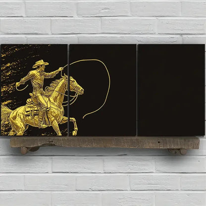 3pcs Black & Gold Man Riding a Horse Metal Print Ready to Hang Art