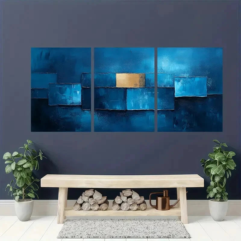 3pcs Abstract Blue Oil Paintings Navy & Golden Metal Print Ready to Hang Art